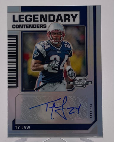 Patriots Ty Law 2023 Panini Contenders Optic No.LCA-TLW #23/50 Autographed Single Card