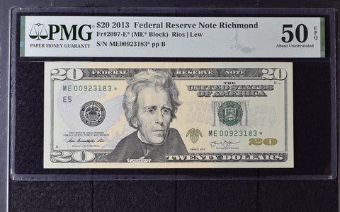 2013 $20 Federal Reserve Note Richmond Dollar Bill - Fr#2097-E*, ME* Block, Rios/Lew - PMG Graded 50