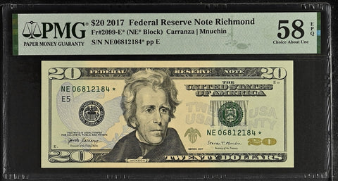 2017 $20 Federal Reserve Note Richmond Dollar Bill - Fr#2099-E*, NE* Block, Carranza/Mnuchin - PMG Graded 58 (Lot of 4)