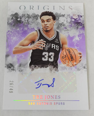 Spurs Tre Jones 2020-21 Panini Origins 26/49 Rookie No. RA-JON Autographed Single Card