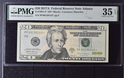 2017A $20 Federal Reserve Note Atlanta Dollar Bill - Fr#7001-F*, PF* Block, Carranza/Mnuchin - PMG Graded 35