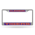 Clemson Laser Cut License Plate Frame Silver w/ Purple Background