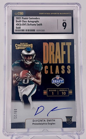 Eagles DeVonta Smith 2021 Panini Contenders No.DCA-DVS #09/21 CSG Graded 9 Autographed Rookie Single Card