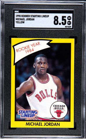 Bulls Michael Jordan 1990 Kenner Starting Lineup "Rookie Year 1984" Yellow Border SGC Graded 8.5 Single Card