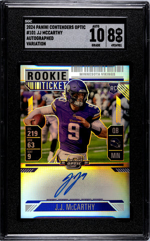 Vikings JJ McCarthy 2024 Panini Contenders Optic No.101 SGC Graded 8 Autographed Rookie Single Card