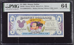 1993 $1 Disney Dollar Bill - DIS30, Disney World, Block D-A, Mickey - PMG Graded 64