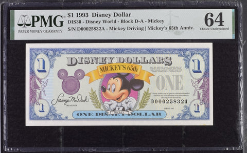 1993 $1 Disney Dollar Bill - DIS30, Disney World, Block D-A, Mickey - PMG Graded 64