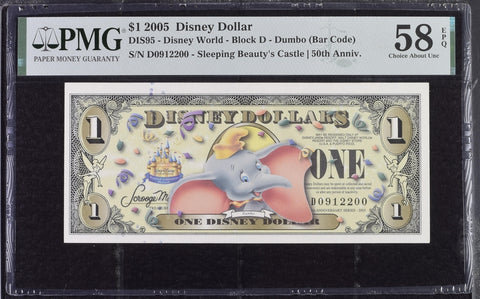 2005 $1 Disney Dollar Bill - DIS95, Disney World, Block D, Dumbo (Bar Code) - PMG Graded 58