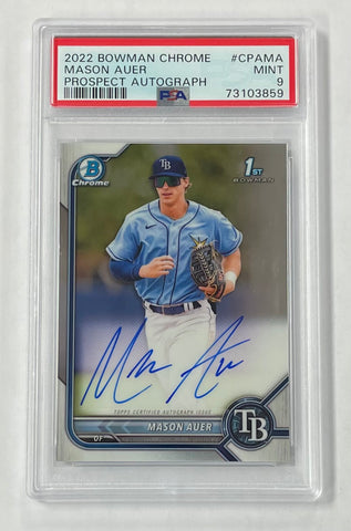 Rays Mason Auer 2022 Bowman Chrome No.CPA-MA PSA 9 Autographed 1st Prospect Graded Single Card