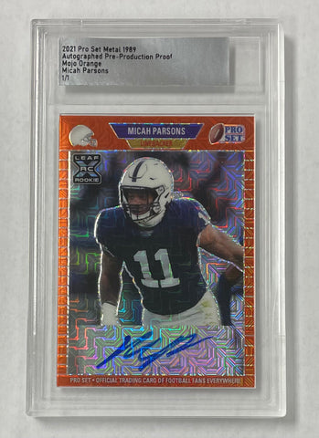 Penn State Micah Parsons 2021 Leaf Pro Set Metal 1989 Pre-Production 1/1 Orange Mojo Autographed Rookie Single Card