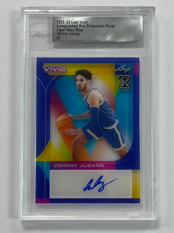 UCLA Johnny Juzang 2022-23 Leaf Vivid Pre-Production 1/1 Clear Navy Blue Autographed Rookie Single Card