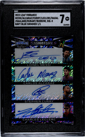 Messi/Alcaraz/Curry/LeClerc/Nadal/Haaland/Durant/Burrow 2023 Leaf Vibrance No.VS8-3 #1/1 SGC Graded 7 Autographed Single Card