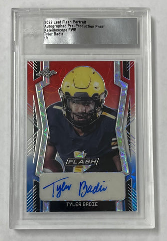 Tyler Badie 2022 Leaf Flash Pre-Production 1/1 Kaleidoscope RWB Autographed Rookie Single Card