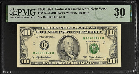 1993 $100 Federal Reserve Note New York Dollar Bill - Fr#2174-B, BB Block, Withrow/Bentsen - PMG Graded 30