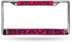 Braves Laser Cut License Plate Frame Silver w/ Red Background