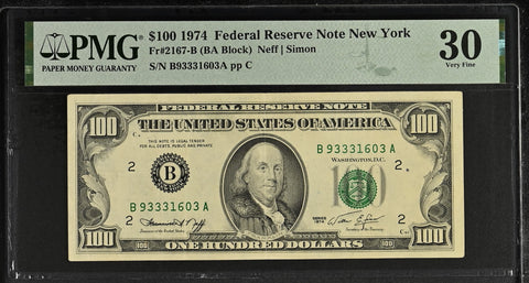 1974 $100 Federal Reserve Note New York Dollar Bill - Fr#2167-B, BA Block, Neff/Simon - PMG Graded 30