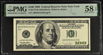 1996 $100 Federal Reserve Note New York Dollar Bill - Fr#2175-B, ABQ Block, Withrow/Rubin - PMG Graded 58 Serial Numbered (Lot of 3)