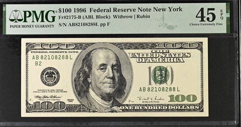 1996 $100 Federal Reserve Note New York Dollar Bill - Fr#2175-B, ABL Block, Withrow/Rubin - PMG Graded 45
