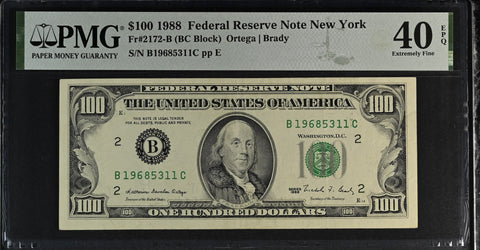 1988 $100 Federal Reserve Note New York Dollar Bill - Fr#2172-B, BC Block, Ortega/Brady - PMG Graded 40