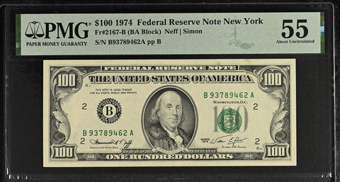 1974 $100 Federal Reserve Note New York Dollar Bill - Fr#2167-B, BA Block, Neff/Simon - PMG Graded 55