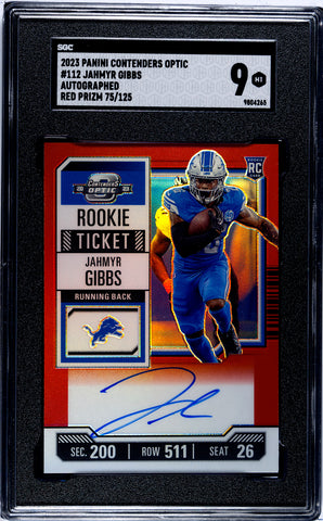 Lions Jahmyr Gibbs 2023 Panini Contenders Optic No.112 #75/125 SGC Graded 9 Autographed Rookie Single Card