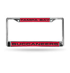 Buccaneers Laser Cut License Plate Frame Silver w/ Red Background