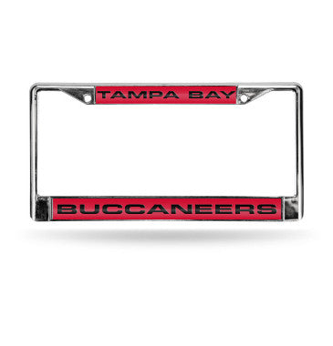 Buccaneers Laser Cut License Plate Frame Silver w/ Red Background