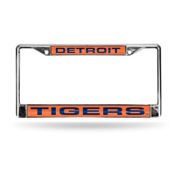 Tigers Laser Cut License Plate Frame Silver w/ Orange Background