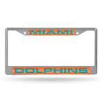 Dolphins Laser Cut License Plate Frame Silver w/ Orange Background