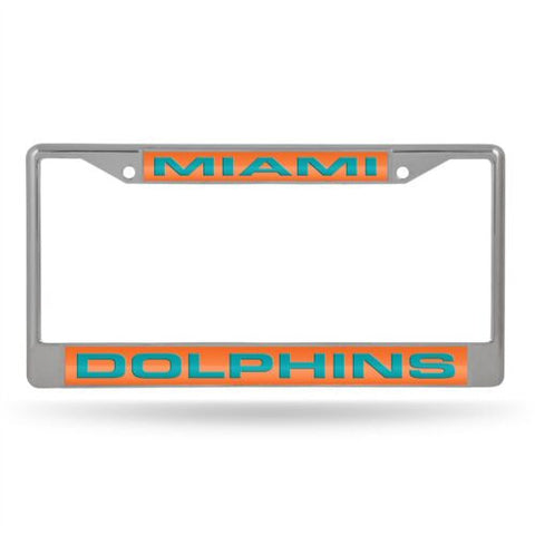 Dolphins Laser Cut License Plate Frame Silver w/ Orange Background