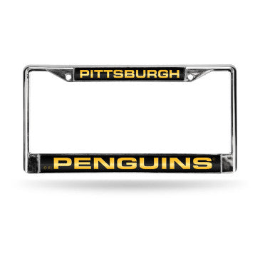 Penguins Laser Cut License Plate Frame Silver w/ Black Background