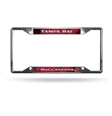 Buccaneers Chrome License Plate Frame Silver w/ Red Background