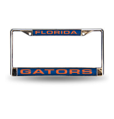 Gators Laser Cut License Plate Frame Silver w/ Blue Background