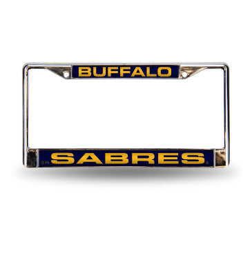 Sabres Laser Cut License Plate Frame Silver w/ Blue Background