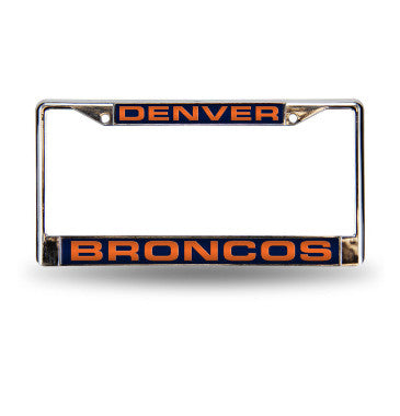 Broncos Laser Cut License Plate Frame Silver w/ Blue Background