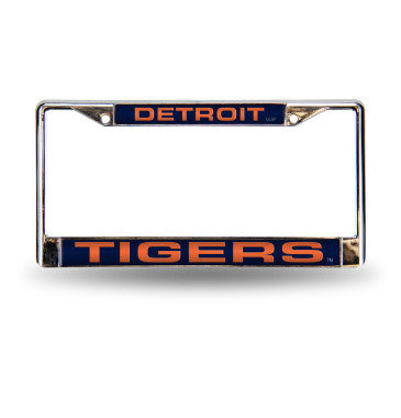 Tigers Laser Cut License Plate Frame Silver w/ Blue Background