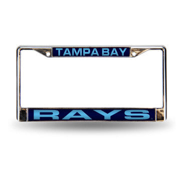 Rays Laser Cut License Plate Frame Silver w/ Navy Background