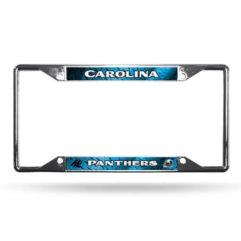 Panthers Chrome License Plate Frame Silver w/ Blue Background NFL