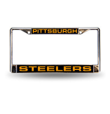 Steelers Laser Cut License Plate Frame Silver w/ Black Background