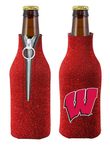Wisconsin Bottle Coolie Glitter Red