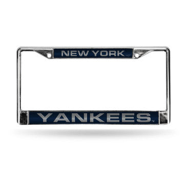Yankees Laser Cut License Plate Frame Silver w/ Blue Background