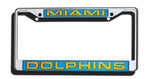 Dolphins Laser Cut License Plate Frame Silver w/ Teal Background
