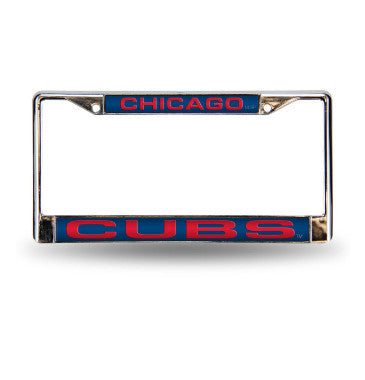 Cubs Laser Cut License Plate Frame Silver w/ Blue Background