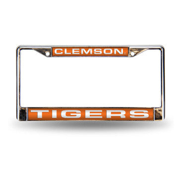 Clemson Laser Cut License Plate Frame Silver w/ Orange Background